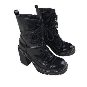 Madden Girl Black Faux Patent Platform Combat Boot Womens 7.5 Lace Up Goth Punk